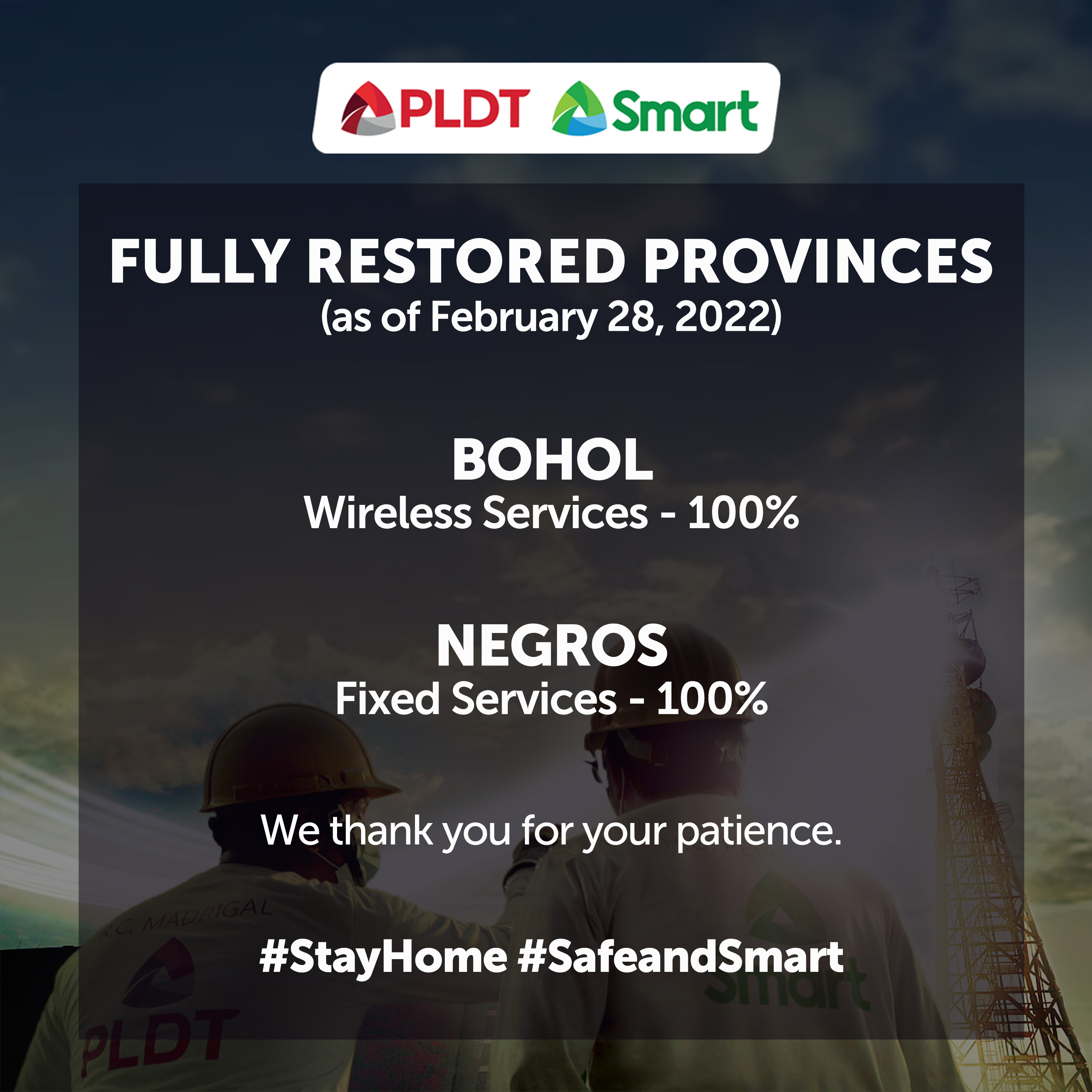 PLDT, Smart fully restore communication services, complete fixes in Bohol and Negros Island post-Odette